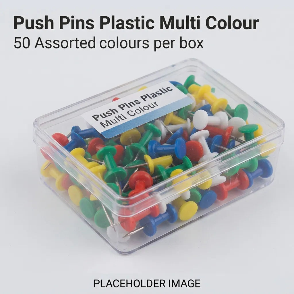 Clear box filled with 50 multi coloured push pins