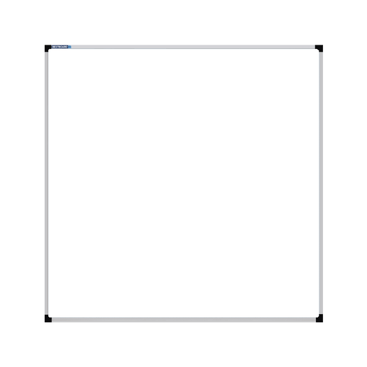 This image shows a square whiteboard with a silver frame. The corners of the frame are reinforced with black plastic. The whiteboard has a tray at the bottom for holding markers and erasers.