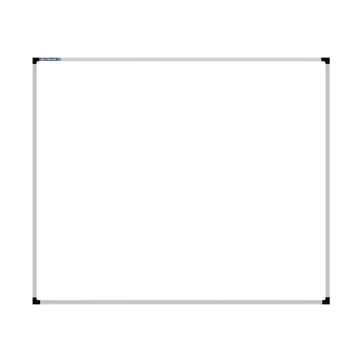 This image shows a rectangular whiteboard with a silver frame. The corners of the frame are reinforced with black plastic. The whiteboard has a tray at the bottom for holding chalk and erasers.