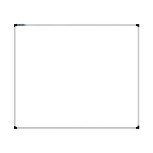 This image shows a rectangular whiteboard with a silver frame. The corners of the frame are reinforced with black plastic. The whiteboard has a tray at the bottom for holding chalk and erasers.