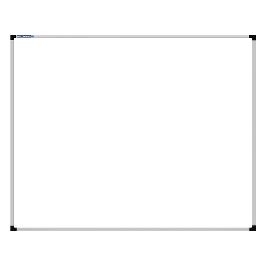 This image shows a rectangular whiteboard with a silver frame. The corners of the frame are reinforced with black plastic. The whiteboard has a tray at the bottom for holding markers and erasers.