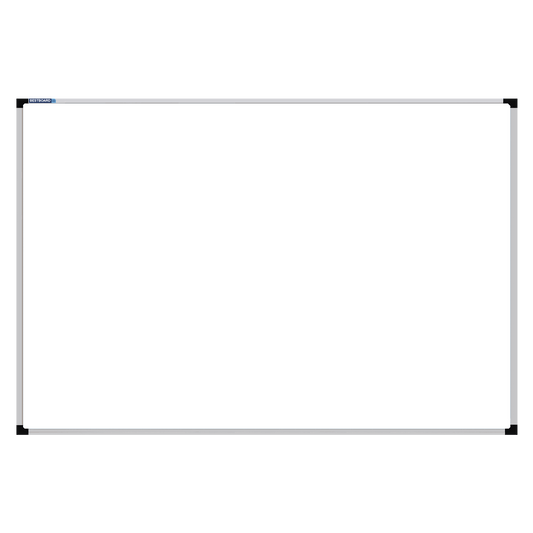This image shows a rectangular whiteboard with a silver frame. The corners of the frame are reinforced with black plastic. The whiteboard has a tray at the bottom for holding markers and erasers.