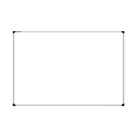This image shows a rectangular whiteboard with a silver frame. The corners of the frame are reinforced with black plastic. The whiteboard has a tray at the bottom for holding markers and erasers.