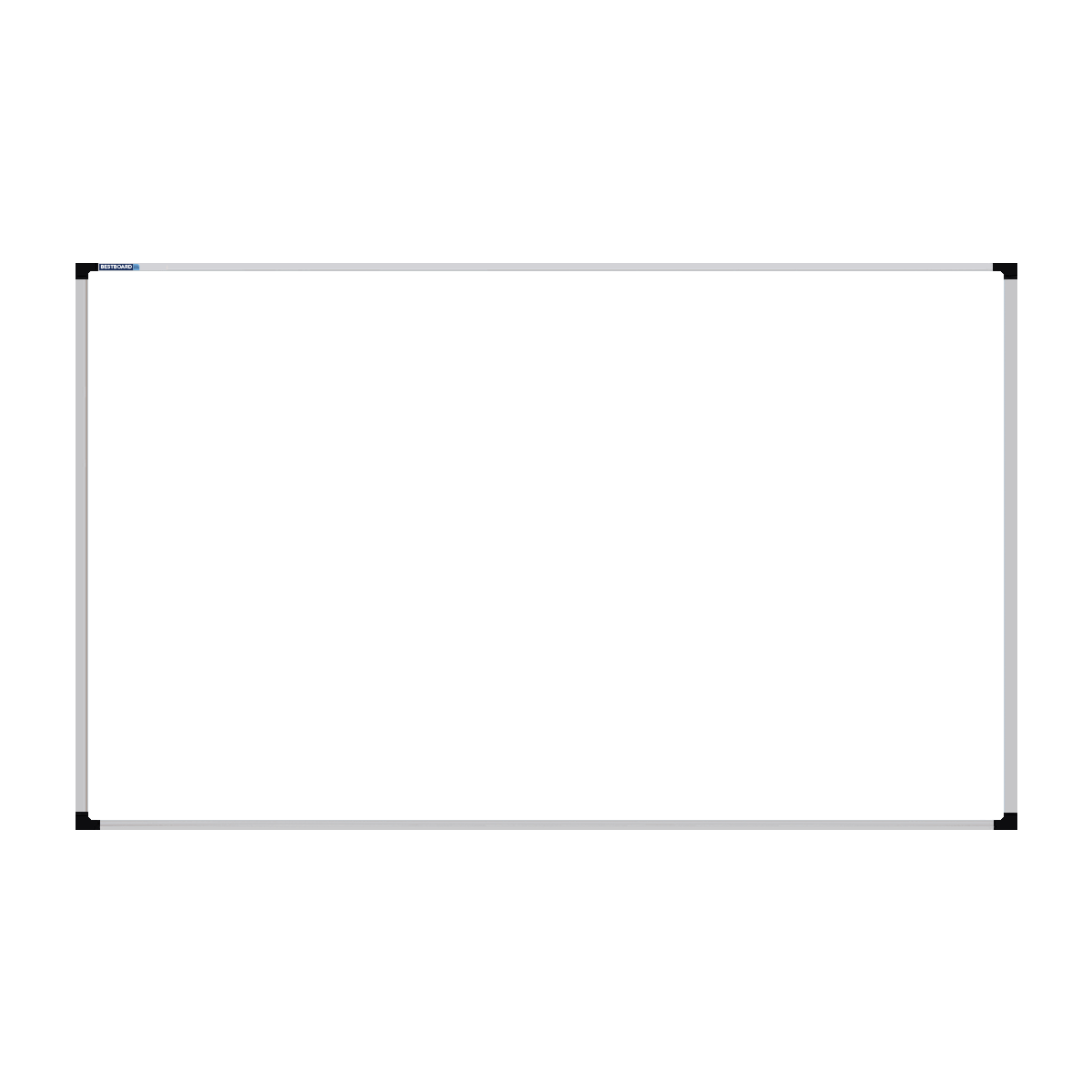 This image shows a rectangular whiteboard with a silver frame. The corners of the frame are reinforced with black plastic. The whiteboard has a tray at the bottom for holding markers and erasers.