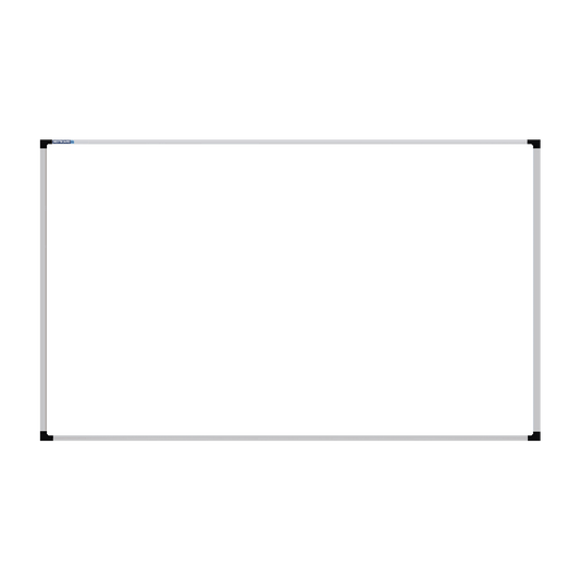 This image shows a rectangular whiteboard with a silver frame. The corners of the frame are reinforced with black plastic. The whiteboard has a tray at the bottom for holding markers and erasers.