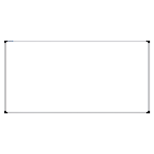 This image shows a rectangular whiteboard with a silver frame. The corners of the frame are reinforced with black plastic. The whiteboard has a tray at the bottom for holding markers and erasers.
