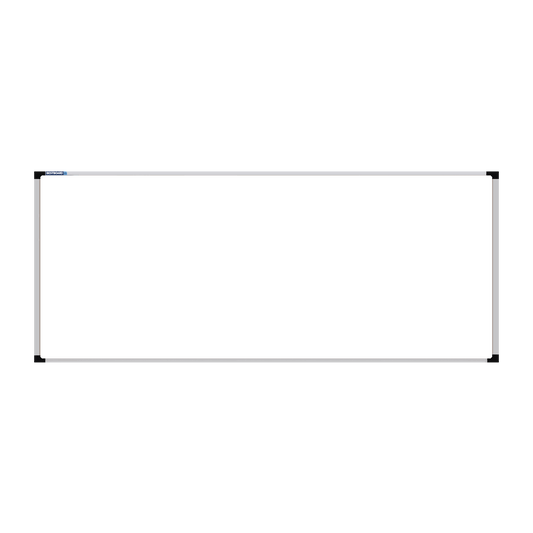 This image shows a rectangular whiteboard with a silver frame. The corners of the frame are reinforced with black plastic. The whiteboard has a tray at the bottom for holding markers and erasers.