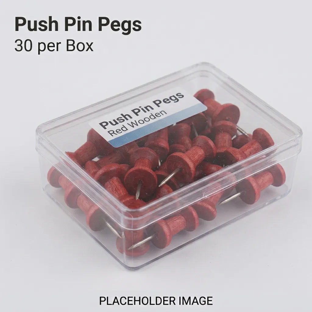 Clear box filled with 30 wooden red coloured push pins
