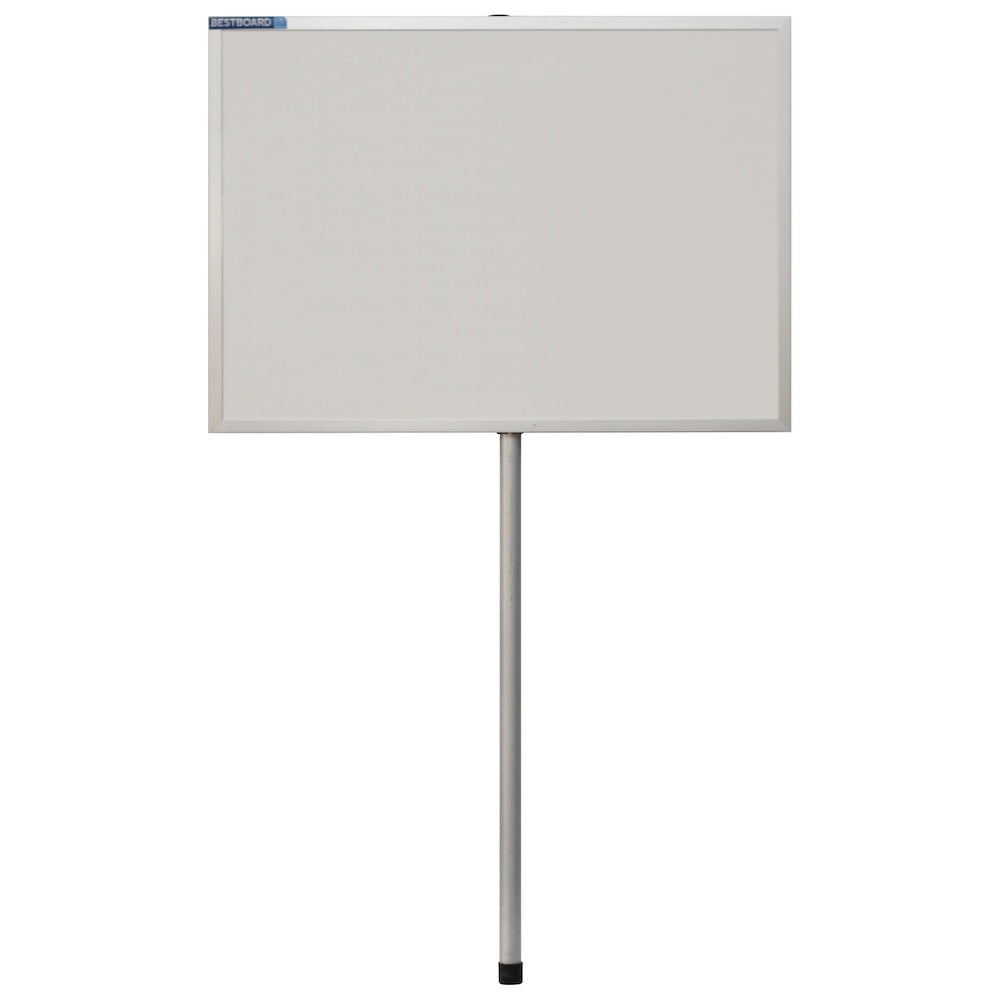 A white magnetic dry-erase board with an aluminum frame and handle, standing upright on a white background.