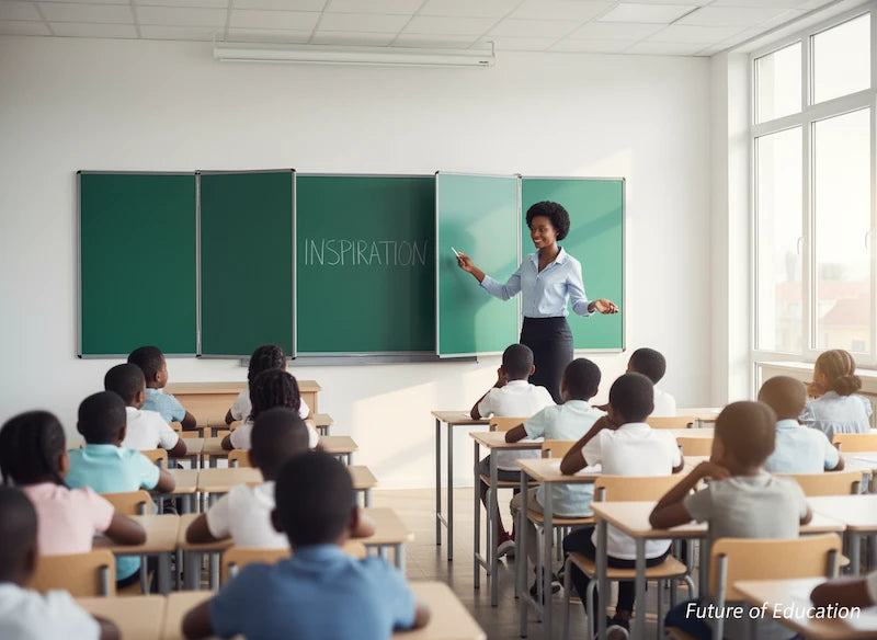 teacher presenting at multi-panel green chalkboard system in contemporary classroom setting with engaged student audience