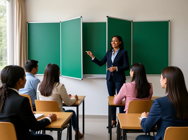 Teacher presenting at multi-panel green chalkboard system in classroom setting with engaged student audience