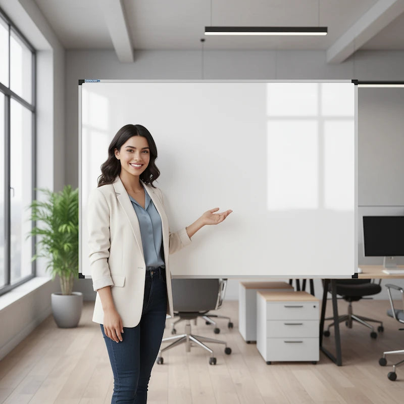 Woman standing in a modern office with a whiteboard