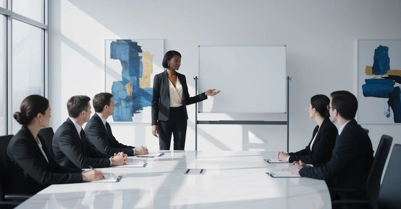 Woman giving a presentation to a group of people in a modern office setting stading next to a mobile whiteboard