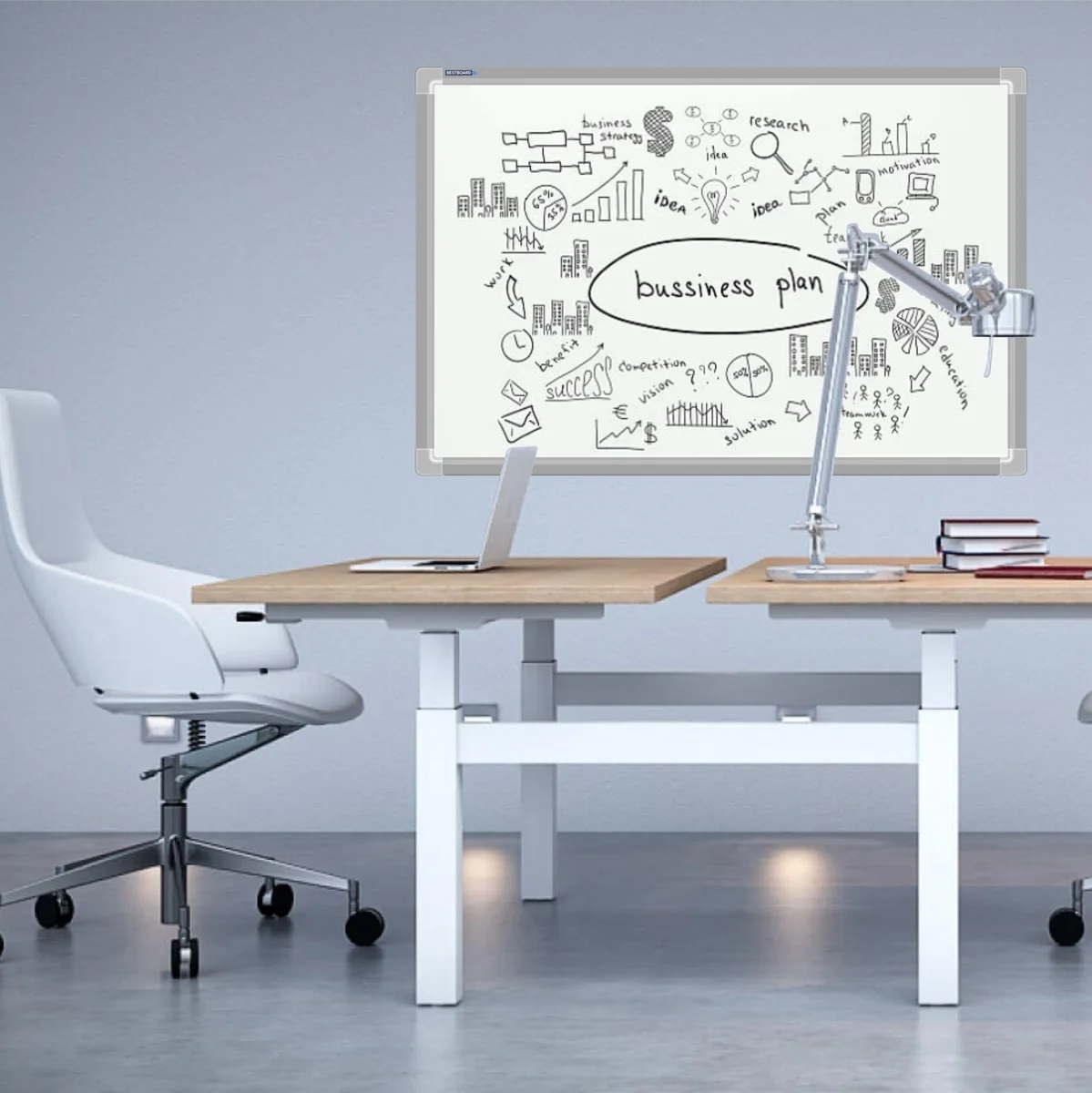 Modern office setup with a wooden desk, white chairs, and a whiteboard displaying a hand-drawn business plan.