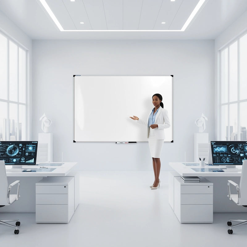 Woman standing in front of a whiteboard in a modern office with white desks and computer monitors.