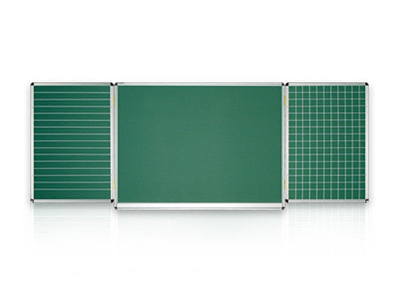 Three-panel folding green chalkboard with aluminum frame. Features lined, plain, and grid surfaces for versatile classroom teaching and presentations.
