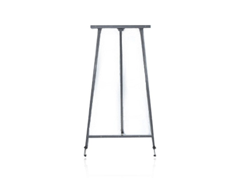 A gray metal tripod easel with adjustable legs for height against a white background.
