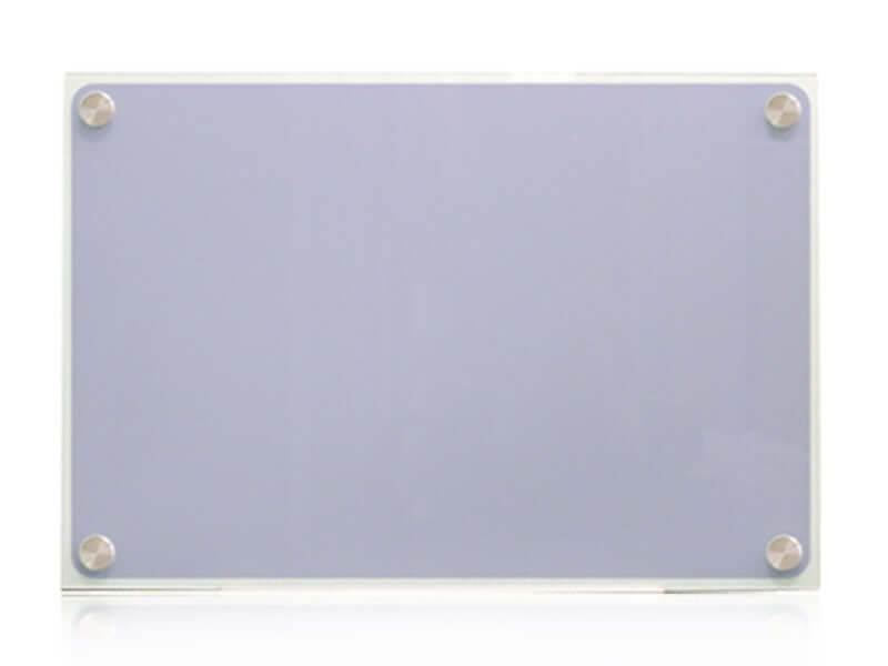 Frameless sandblasted glass whiteboard with polished edges and stainless steel mounting fixtures