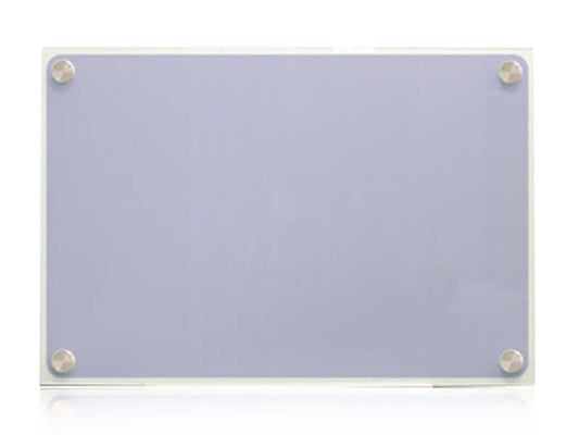 Frameless sandblasted glass whiteboard with polished edges and stainless steel mounting fixtures