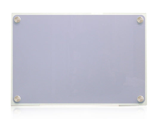 Frameless sandblasted glass whiteboard with polished edges and stainless steel mounting fixtures
