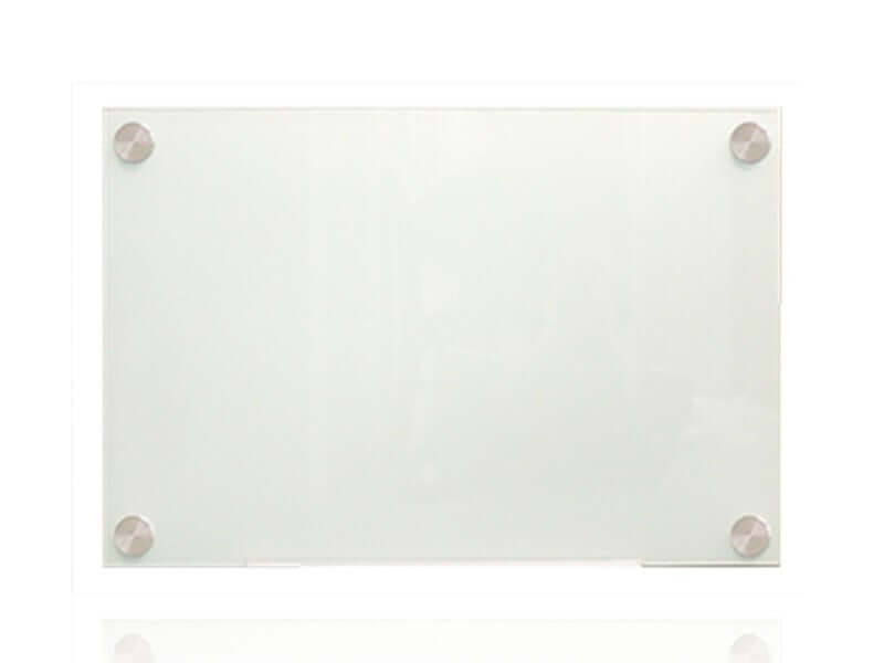 Frameless glass whiteboard with polished edges and stainless steel mounting fixtures, 6mm thick glass for modern office or classroom use