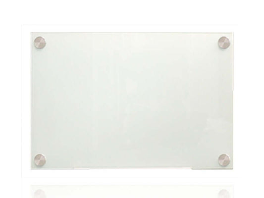 Frameless glass whiteboard with polished edges and stainless steel mounting fixtures, 6mm thick glass for modern office or classroom use