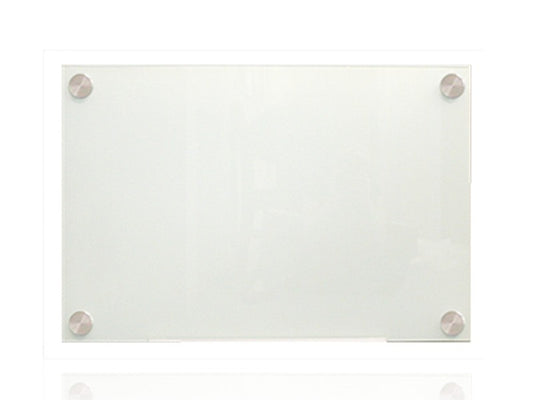 Frameless glass whiteboard with polished edges and stainless steel mounting fixtures, 6mm thick glass for modern office or classroom use
