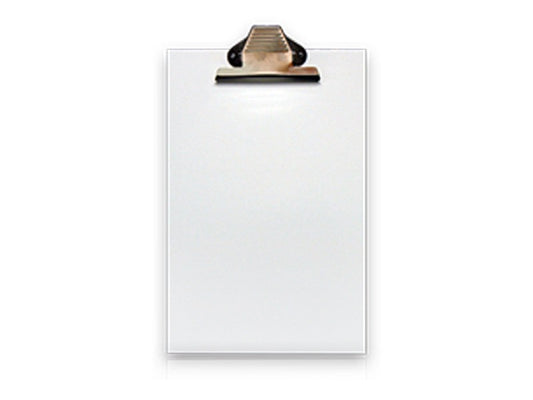 A white jumbo whiteboard clipboard with a sturdy bulldog clip attached at the top, isolated on a white background.