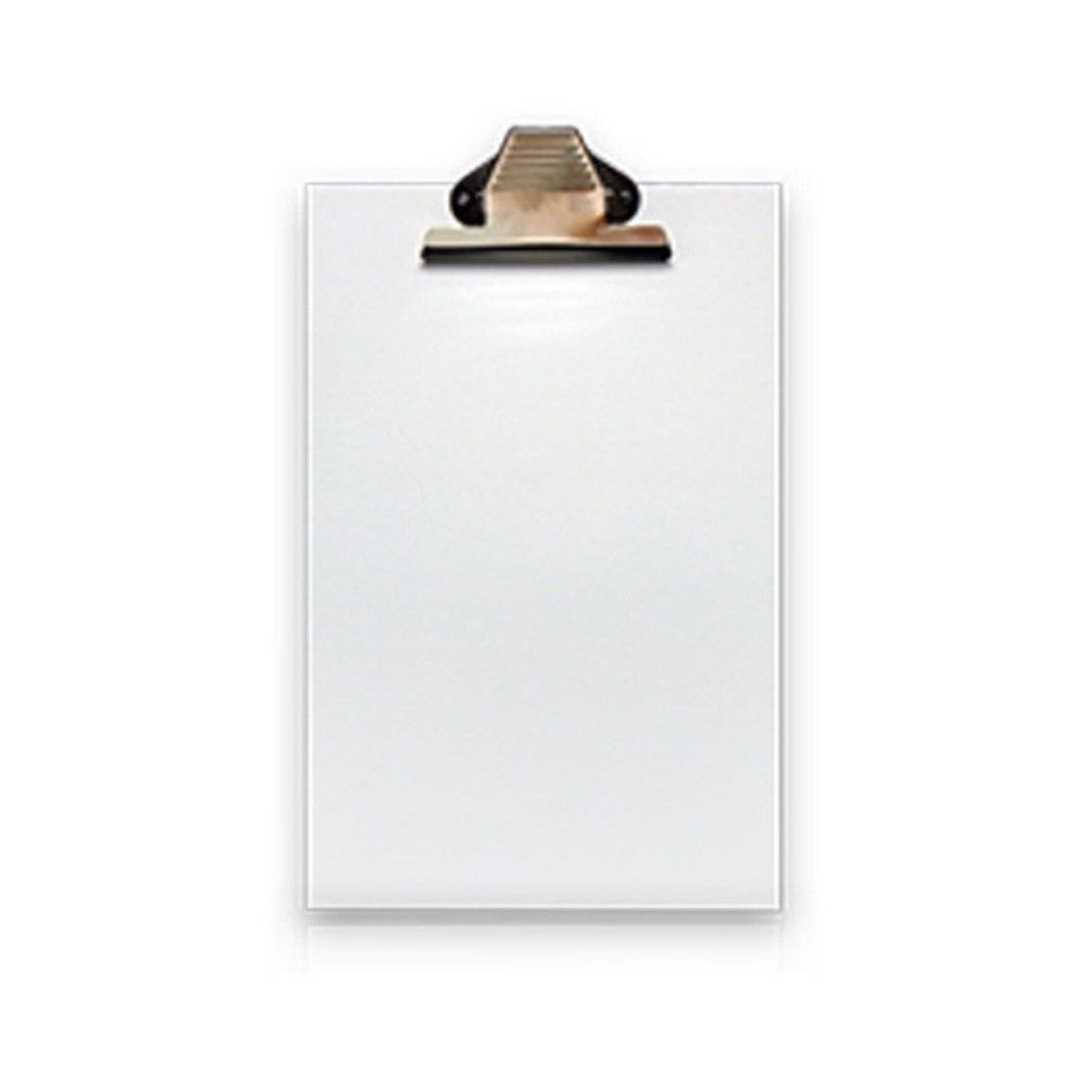 A white jumbo whiteboard clipboard with a sturdy bulldog clip attached at the top, isolated on a white background.
