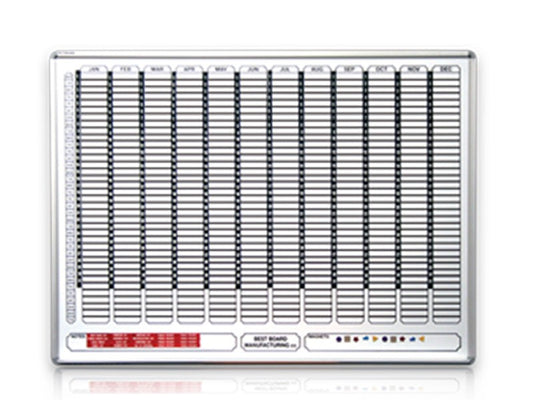Magnetic perpetual year planner with a white board steel surface and anodised aluminium frame, displaying a screen-printed year planner and assorted magnets.