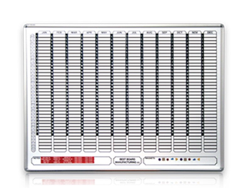 Magnetic perpetual year planner with a white board steel surface and anodised aluminium frame, displaying a screen-printed year planner and assorted magnets.