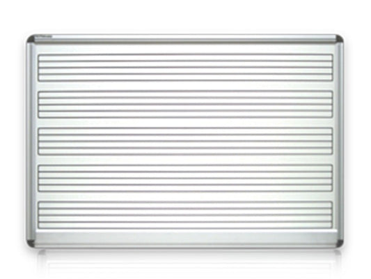 A white music board with an anodized aluminium frame and rounded plastic corners, featuring vinyl music lines and a clip on anodised pen rail.