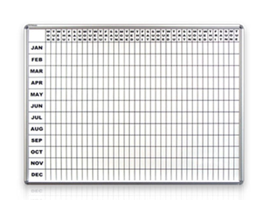 A white board with a year planner schedule, months labeled from January to December, mounted on a wall.