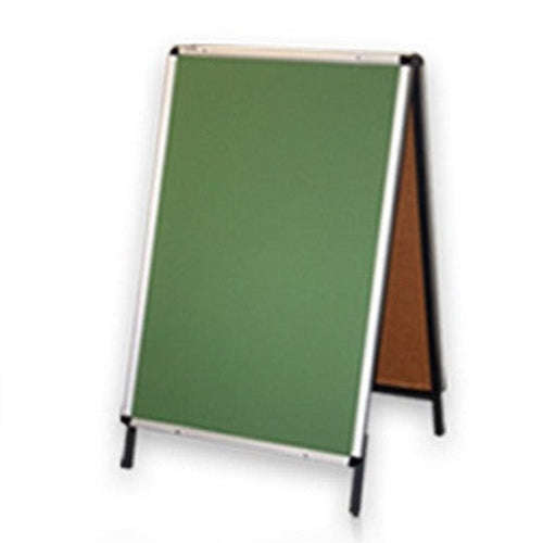 A-frame sidewalk sign with green chalkboard surface and aluminum frame. Double-sided display for storefronts, cafes, and outdoor promotions.