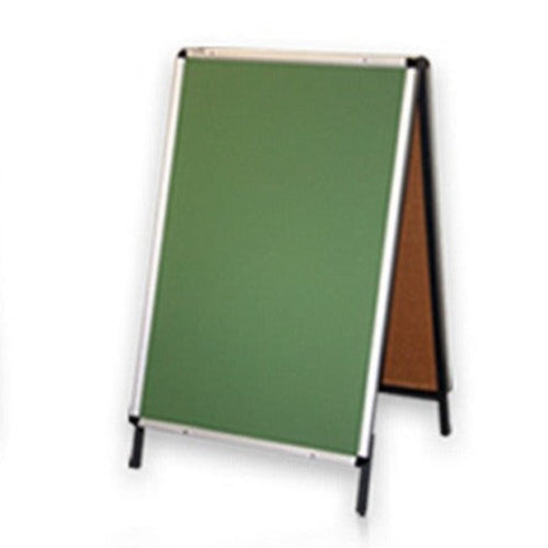 A-frame sidewalk sign with green chalkboard surface and aluminum frame. Double-sided display for storefronts, cafes, and outdoor promotions.