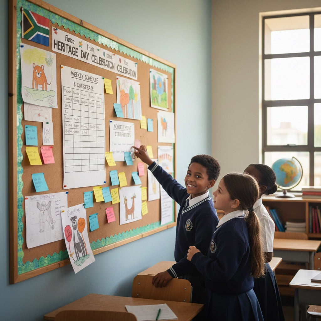 South African students interacting with classroom notice board displaying Heritage Day celebration and weekly schedule