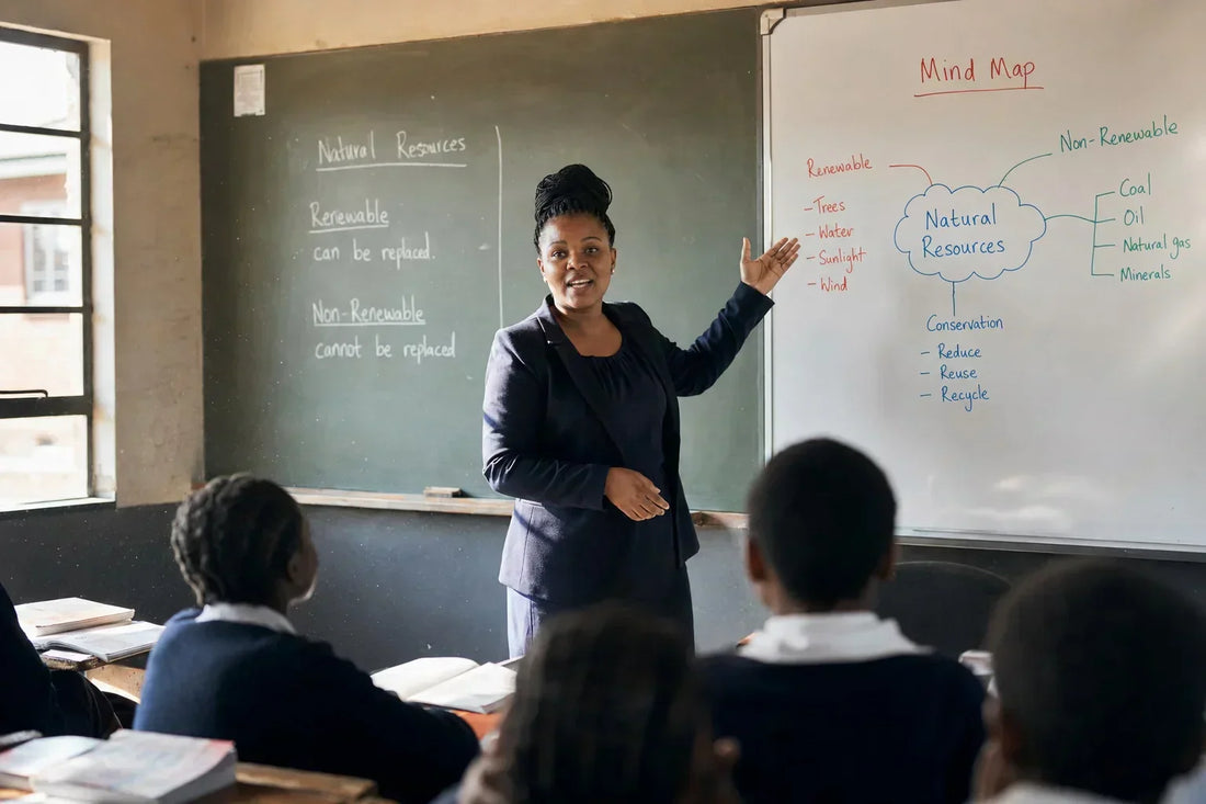 Teacher standing between a chalkboard and whiteboard in a South African classroom, gesturing during a lesson as sunlight streams through the windows and students work at their desks.