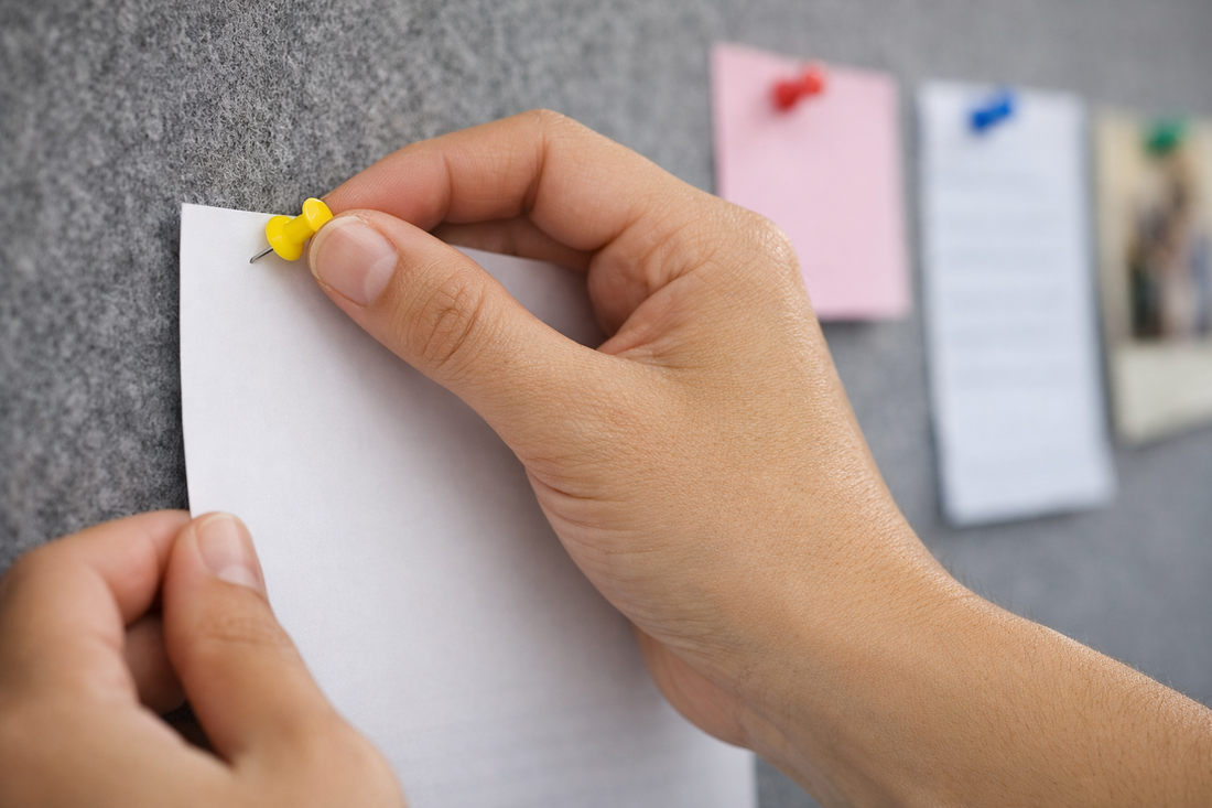 a hand using a pin to fasten paper to a felt pinboard