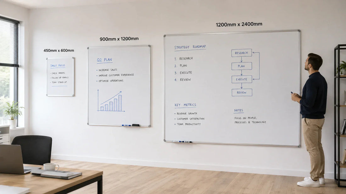 Whiteboard size comparison showing 450mm x 600mm, 900mm x 1200mm and 1200mm x 2400mm wall-mounted whiteboards