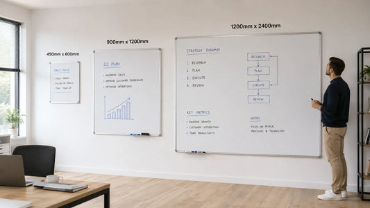 Whiteboard size comparison showing 450mm x 600mm, 900mm x 1200mm and 1200mm x 2400mm wall-mounted whiteboards
