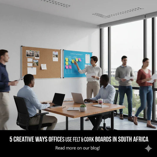 Diverse professionals in a modern office with cork and blue felt boards displaying project notes and photos.