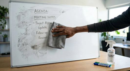 A person’s hand using a microfiber cloth to wipe a ghosted whiteboard clean, next to a bottle of cleaning spray.