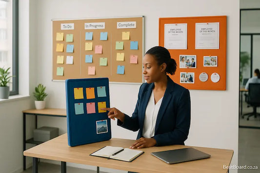 Modern South African office with felt and cork boards in use, featuring a professional woman updating a blue pin board