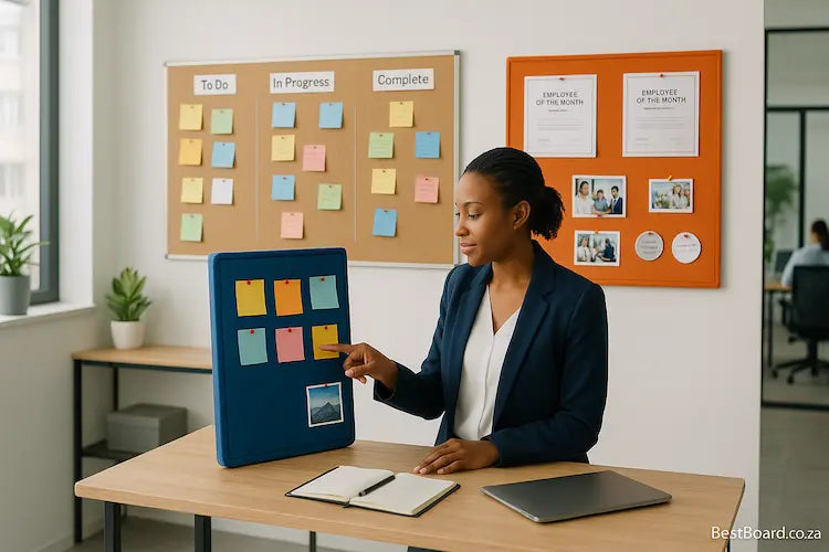 Modern South African office with felt and cork boards in use, featuring a professional woman updating a blue pin board