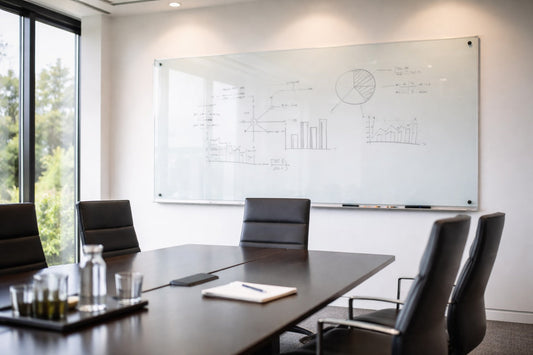 Modern corporate boardroom with frameless glass whiteboard, dark conference table, charcoal chairs, and soft natural light from side windows.