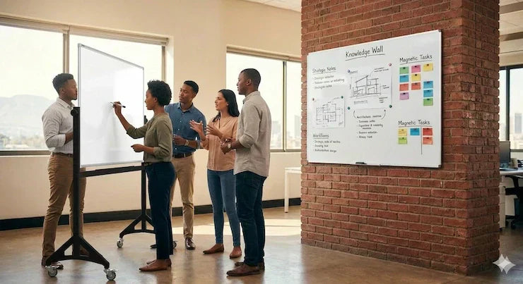 A team collaborates in an open-plan office, gathering around a mobile whiteboard to write and discuss ideas, while a second, larger whiteboard is wall-mounted on a brick pillar with additional notes and tasks.