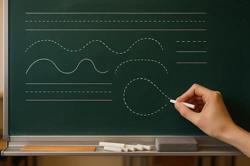 Close-up of a teacher’s hand drawing dotted lines on a green chalkboard with chalk, with a ruler, chalk pieces, and eraser on the ledge.