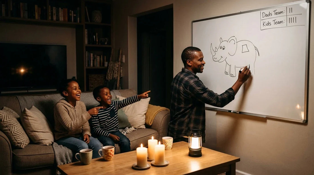 A man draws a rhino on a Bestboard whiteboard as two children point and laugh, lit by candles and a lantern during a power outage.