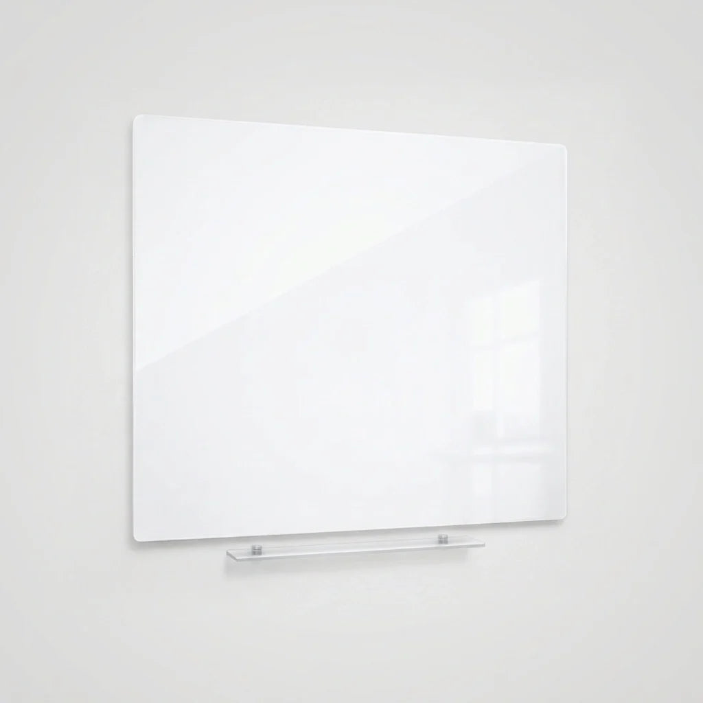 A large white rectangular glass board with rounded corners and a clear glass shelf mounted below it, shown against a light gray wall.