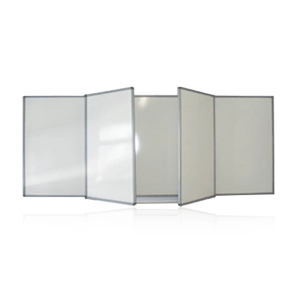 Whiteboard with five panels including double-sided swinging leaf boards, mounted in an aluminium frame
